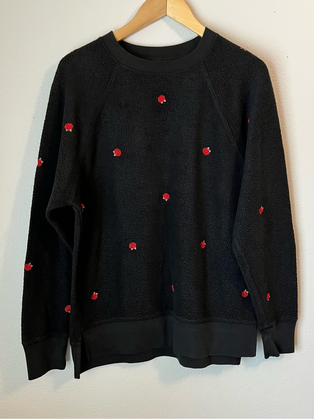 Victorias Secret PINK Black Oversized Embroidered Rose Crewneck Sweatshirt
